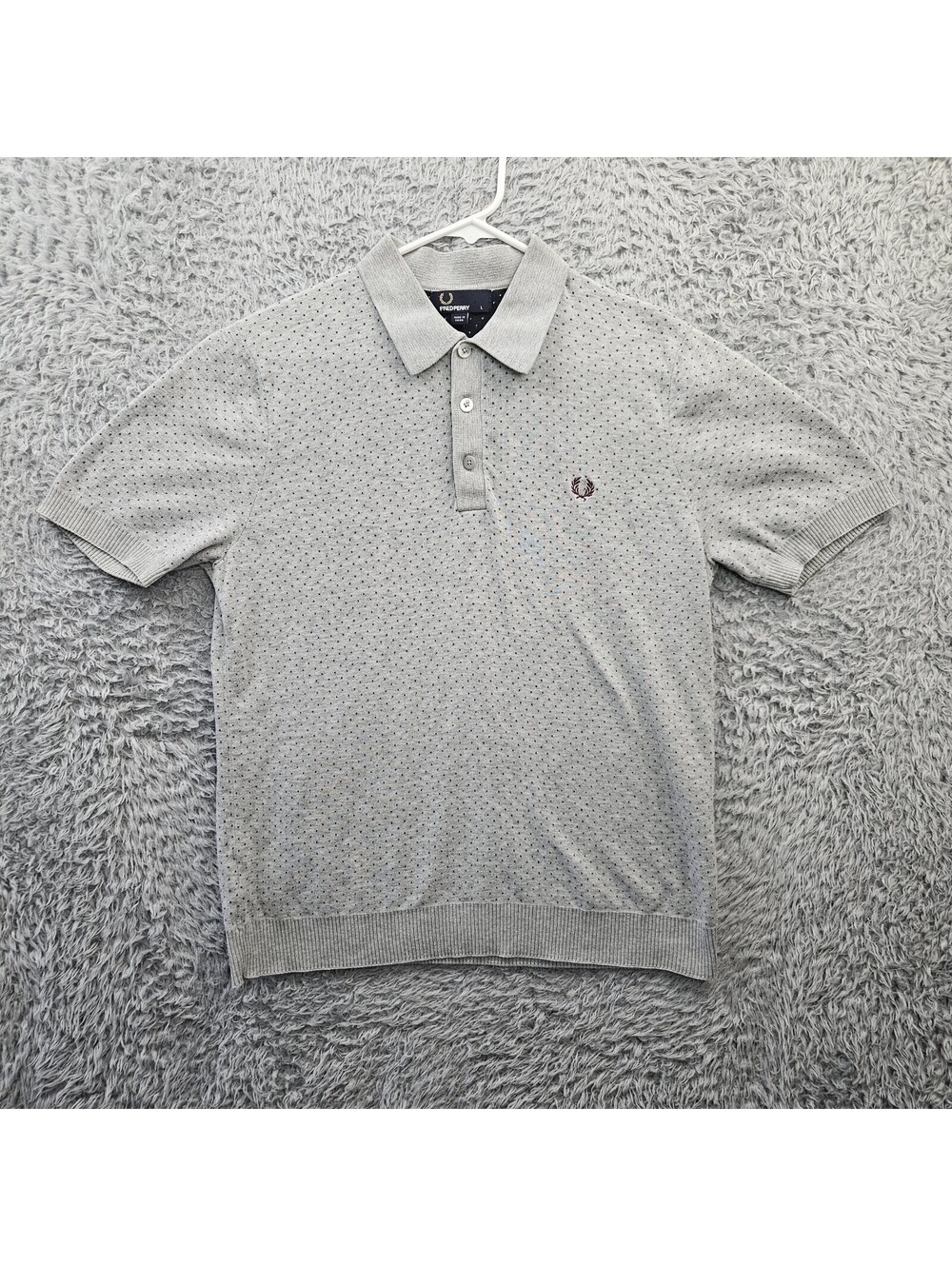 FRED PERRY Polo Shirt Men Large Cotton Polka Dot Knit Gray *Hole Back Armpit